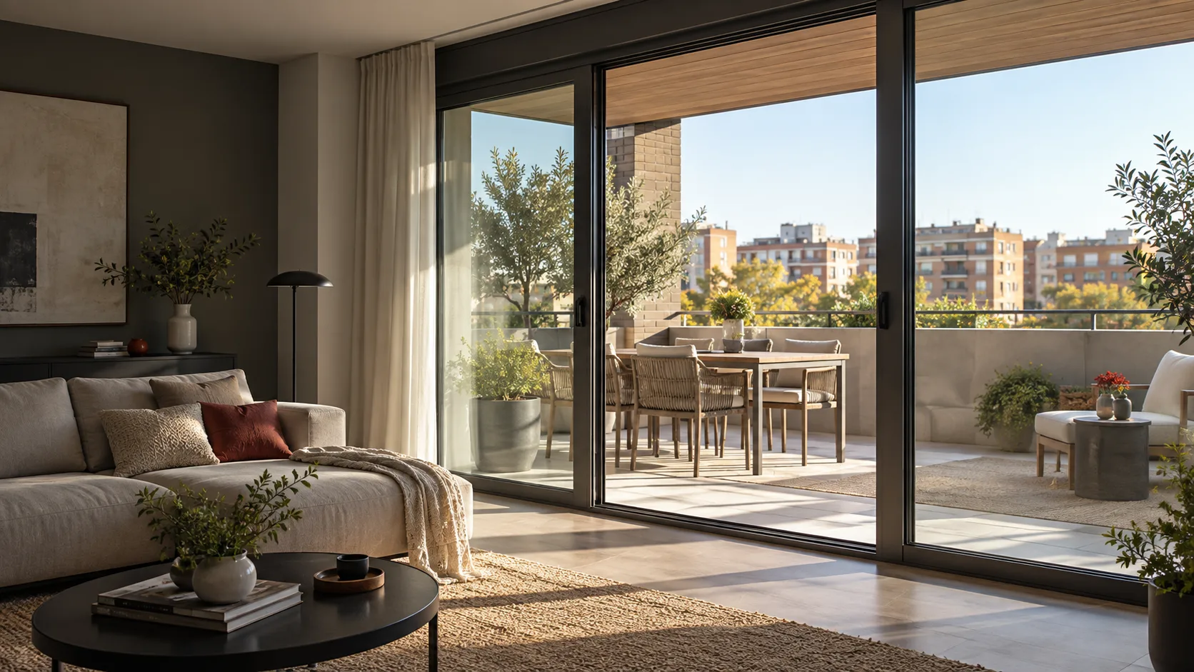 Interior luminoso con grandes ventanas de aluminio abiertas hacia una terraza