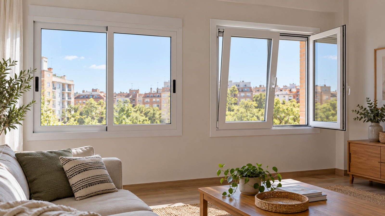 Ventana corredera y ventana practicable de PVC en una vivienda